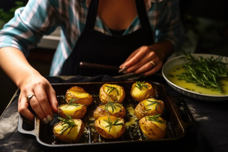 food blogger photographing grilled potatoes with rosemaryの素材