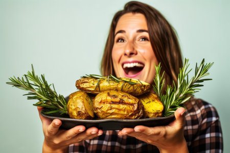 boyfriend surprising girlfriend with homemade grilled potatoes with rosemaryの素材