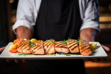 chef presenting a plate of perfectly grilled salmon steaksの素材