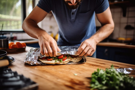 man unwrapping grilled sandwich from foilの素材