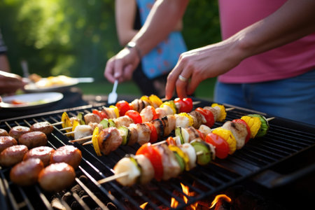 family grilling scallops at summer barbecueの素材