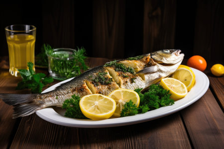 grilled sea bass served with lemon on a dinner tableの素材