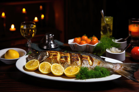 grilled sea bass served with lemon on a dinner tableの素材