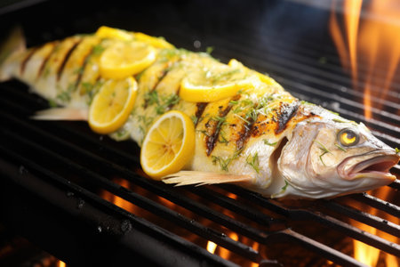 putting lemon slices on grilled sea bassの素材