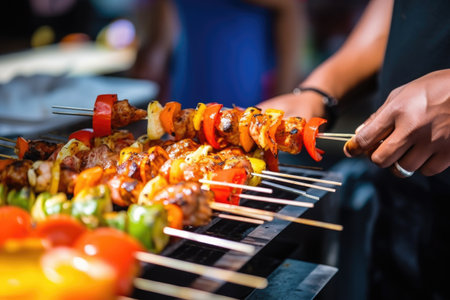 man serving colorful grilled shrimp on skewersの素材