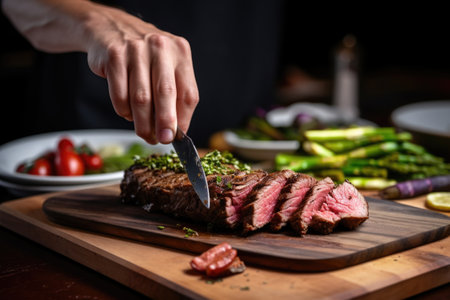 person slicing grilled seitan steak on a plateの素材