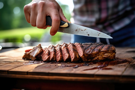 person slicing grilled seitan steak on a plateの素材