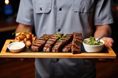 waiter carrying platter of grilled seitan steaksの素材