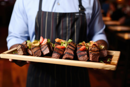 waiter carrying platter of grilled seitan steaksの素材