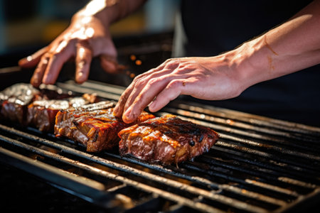 human hands flipping seitan steak on grillの素材