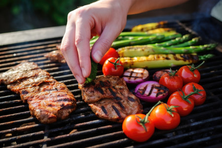 hands placing vegetables beside grilled seitan steakの素材
