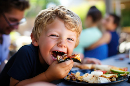 child biting into grilled taco at a family reunionの素材