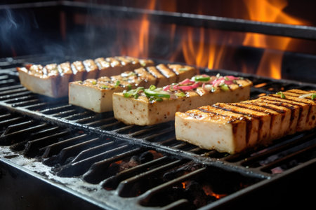 someone laying tofu steaks on a flaming grillの素材