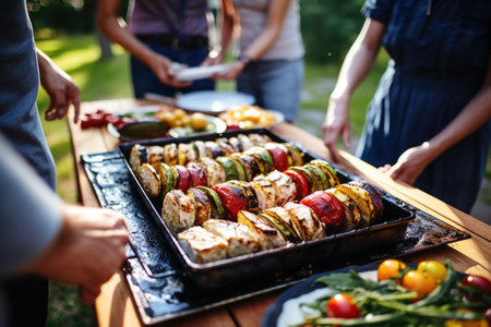 people at an outdoor bbq party enjoying tofu steaksの素材