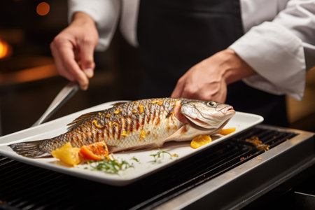 chef placing grilled fish on a plateの素材