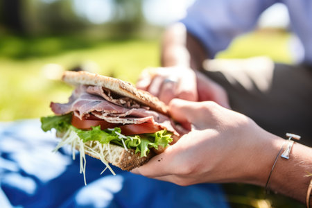 woman bites into a gyro sandwich at a picnicの素材