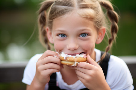 girl wearing pigtails eating ice cream sandwichの素材