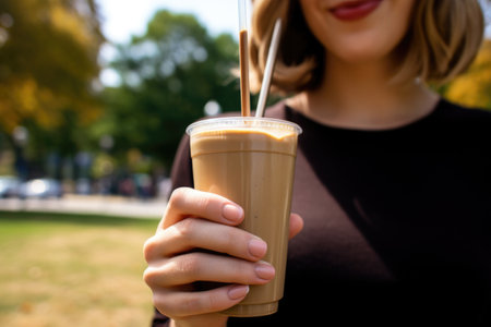 individual sipping an iced chai latte through a straw at the parkの素材