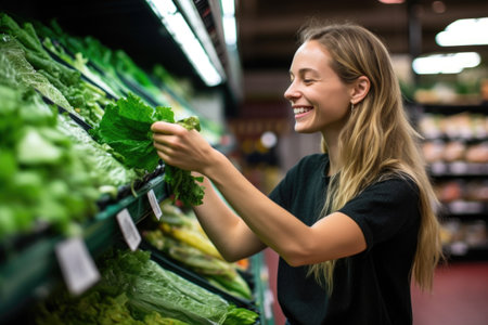 grocery shopper finding a bag of kale chips in the snack aisleの素材