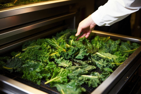 baker carefully placing kale leaves in an oven for chipsの素材