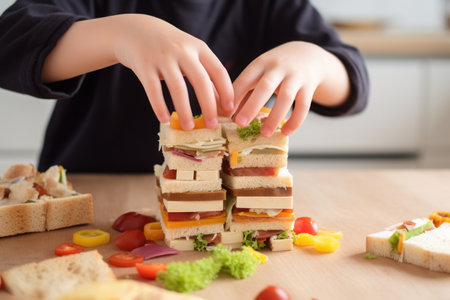 childs hands assembling a multi-layered castle-shaped sandwichの素材
