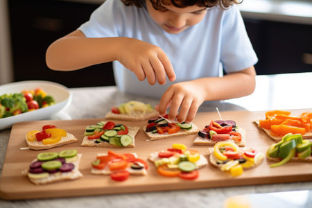 kid placing toppings on their alphabet-shaped sandwichesの素材