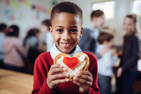 kid presenting a heart-shaped sandwich at schoolの素材