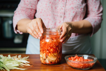 woman opening a jar of fermented kimchiの素材
