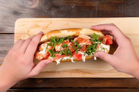 top view shot of a person garnishing a lobster rollの素材