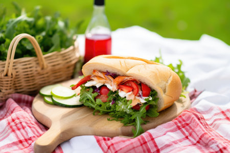 lobster roll in a basket with a picnic blanket backdropの素材