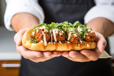 meatball sub in the hands of a chefの素材