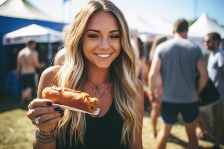 woman with meatball sub at outdoor festivalの素材