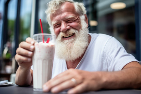 man enjoying a milkshake on a hot dayの素材