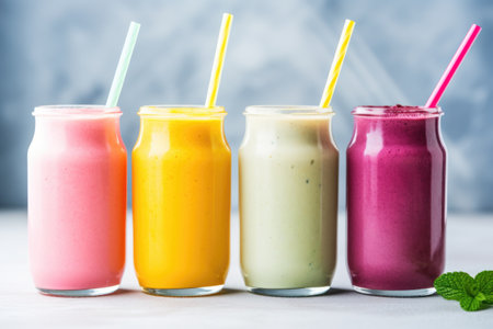 vibrantly colored smoothie milkshakes for breakfastの素材