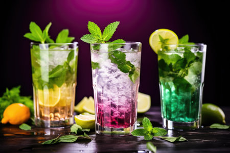 different types of mojito cocktails with colorful decorationsの素材