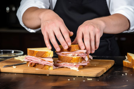 human hands preparing a monte cristo sandwichの素材