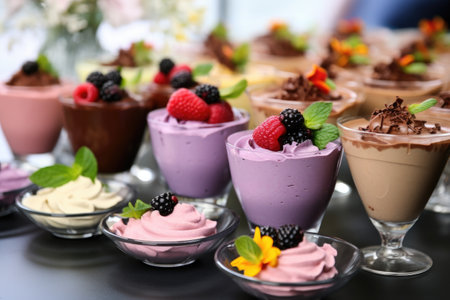 an array of vegan mousse displayed on a dessert tableの素材