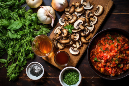 overhead view of mushroom bruschetta preparationの素材