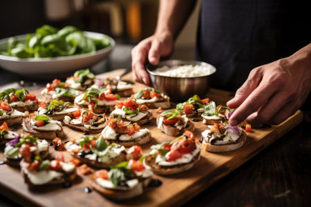 man placing mushroom bruschetta slices on a trayの素材