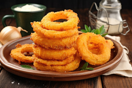 pile of homemade onion rings on a rustic plateの素材