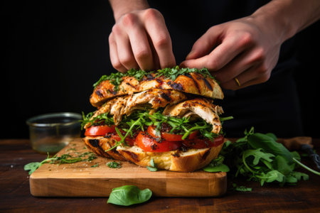 hands placing grilled chicken piece on breadの素材