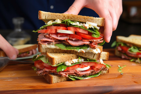 hands layering roast beef slices on a sandwichの素材