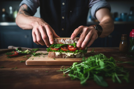 man topping a sandwich with bunch of arugulaの素材