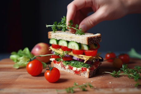 person decorating sandwich with cherry tomatoesの素材
