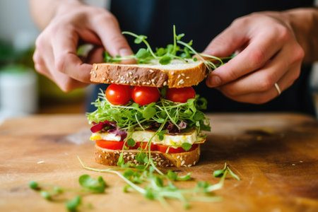 person decorating sandwich with cherry tomatoesの素材