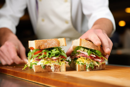 chef demonstrating sandwich layering techniquesの素材