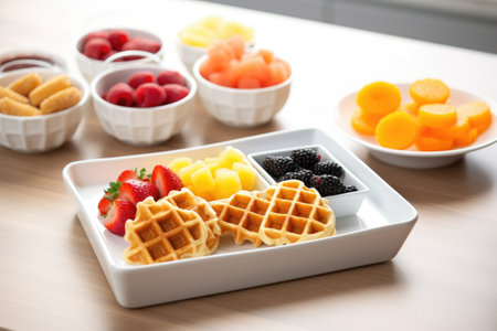 plate of mini waffles in a kids breakfast set-upの素材