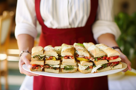 a woman serving a plate of sliced panini sandwichesの素材