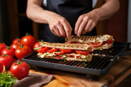 a man layering slices of tomato on a panini ready to be pressedの素材