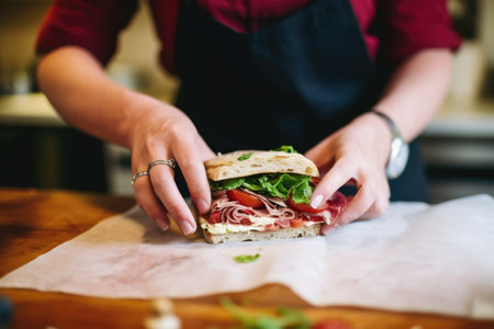 a woman wrapping a panini sandwich for takeawayの素材